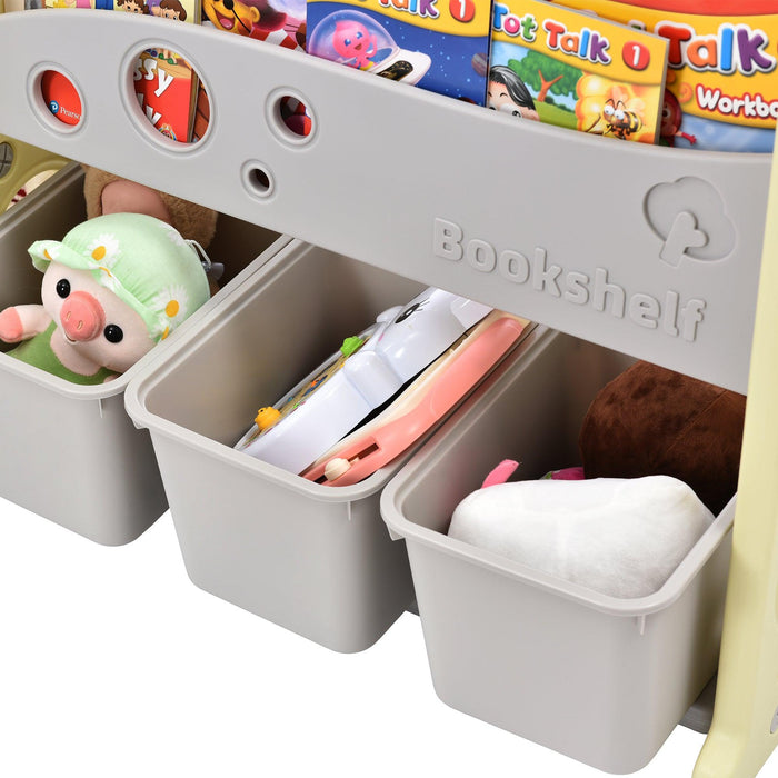 Kids Bookshelf ToyStorage Organizer with 12 Bins and 4 Bookshelves, Multi-functional Nursery Organizer Kids Furniture Set ToyStorage Cabinet Unit with HDPE Shelf and Bins