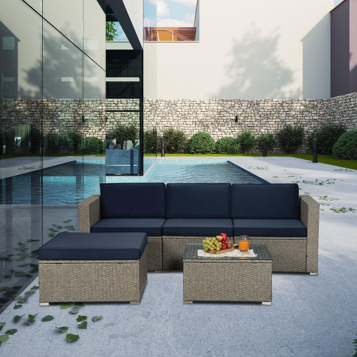 Outdoor Garden Patio Furniture 5-Piece Gray Mix Yellow PE Rattan Wicker Sectional Navy Cushioned Sofa Sets