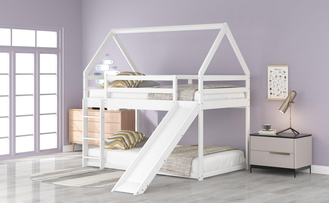 Twin Size Bunk House Bed with Slide and Ladder,White