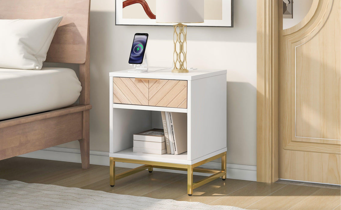 Nightstand with USB Charging Station,Modern End Table with Natural Wood Finish Drawer ,Metal Leg and Handle,White+Natural