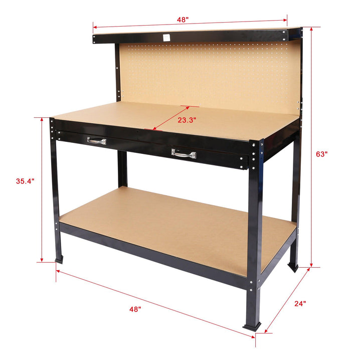 Steel Workbench ToolStorage Work Bench Workshop Tools Table W/Drawer and Peg Board 63"