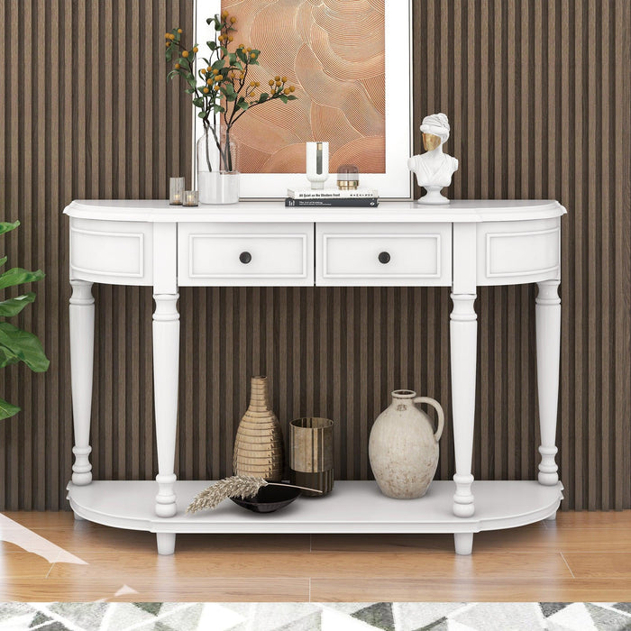 Retro Circular Curved Design Console Table with Open Style Shelf Solid Wooden Frame and Legs Two Top Drawers (Antique White)