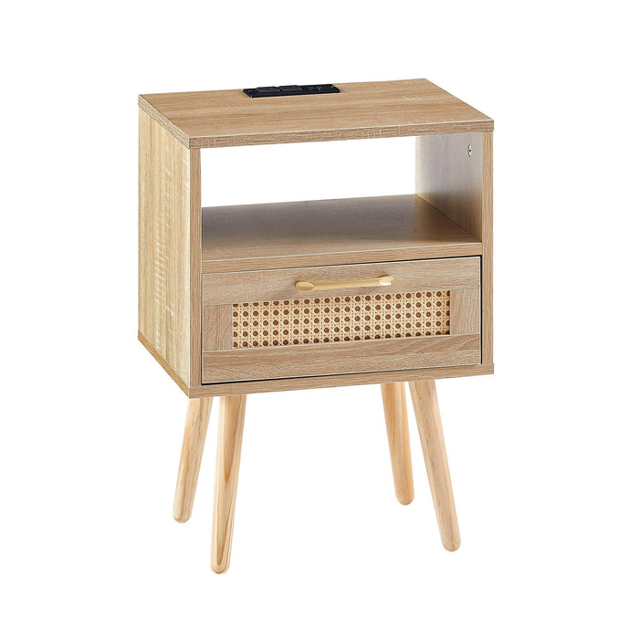 15.75" Rattan End table with Power Outlet  & USB Ports ,Modern nightstand with drawer and solid wood legs, side table for living roon, bedroom,natural