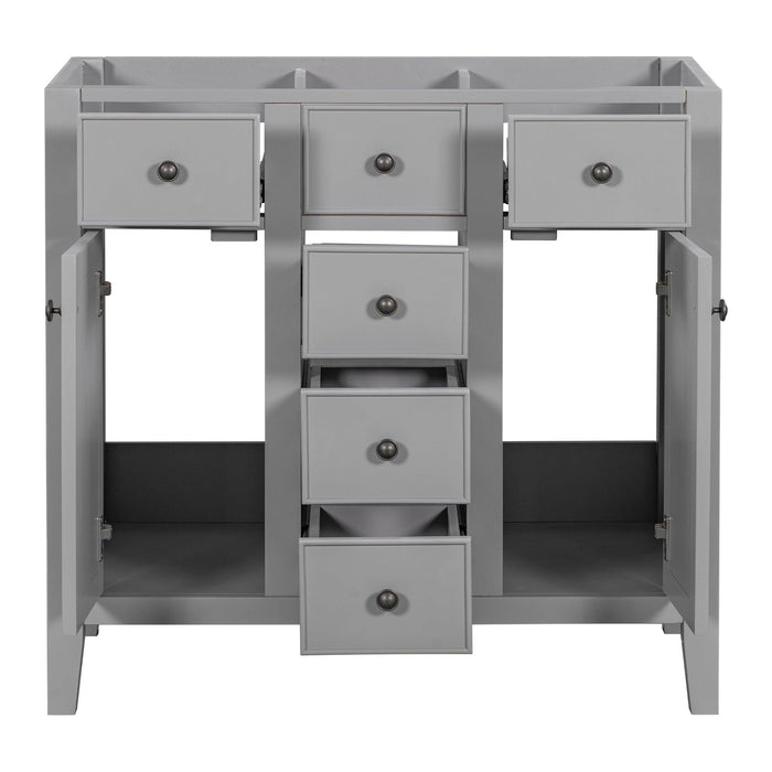 36" Bathroom Vanity without Sink, Cabinet Base Only, Two Cabinets and Five Drawers, Solid Wood Frame, Grey