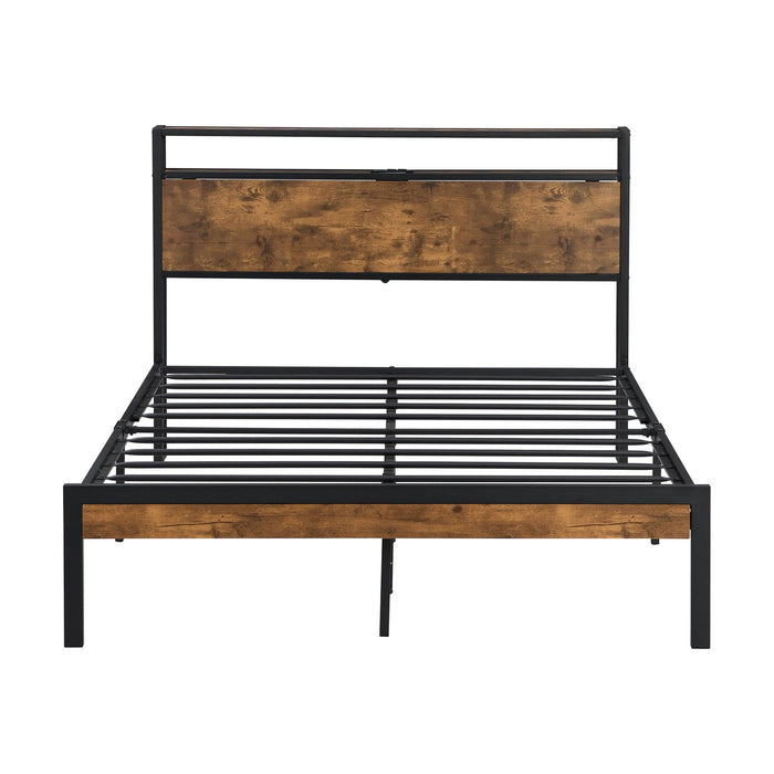 Full Size Metal Platform Bed Frame with Wooden Headboard and Footboard with USB LINER, No Box Spring Needed, Large Under BedStorage, Easy Assemble