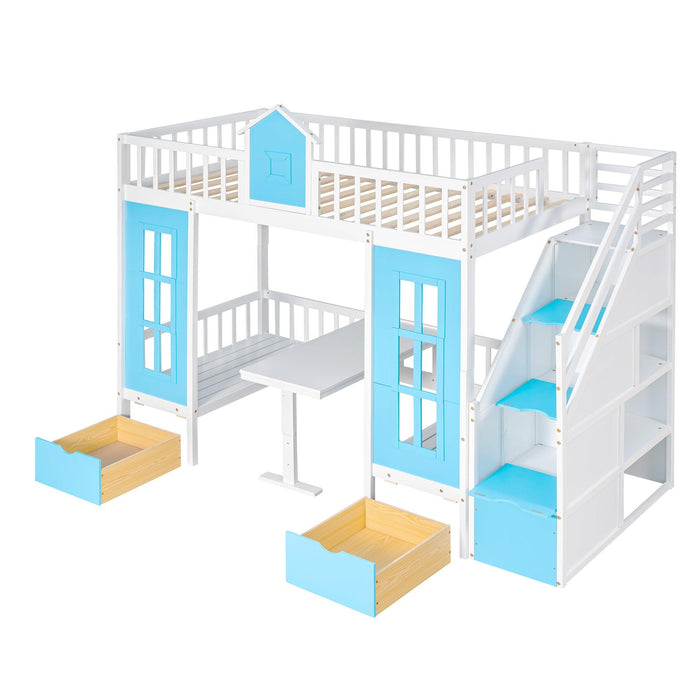 Twin-Over-Twin Bunk Bed with Changeable Table , Bunk Bed  Turn into Upper Bed and Down Desk with 2 Drawers - Blue