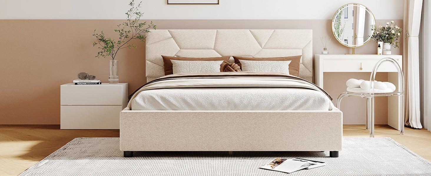 Queen Size Upholstered Platform Bed with Brick Pattern Heardboard and 4 Drawers, Linen Fabric, Beige