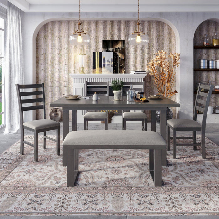 6-Pieces Family Furniture, Solid Wood Dining Room Set with Rectangular Table & 4 Chairs with Bench(Gray)
