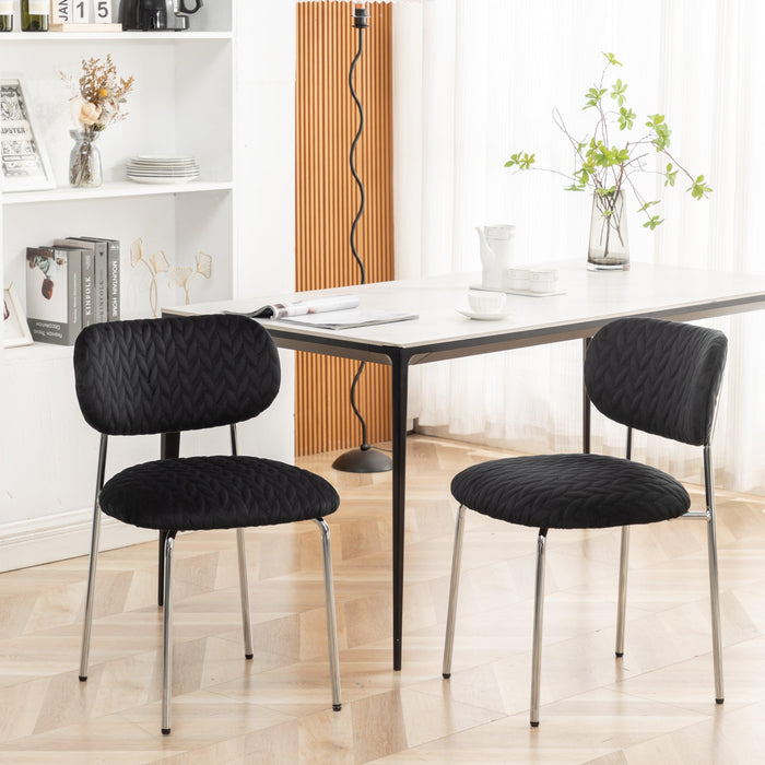 Velvet dining Chair Leaf grain ergonomic backrest Chair Silver metal legs Chair(Set of 2)（Black）