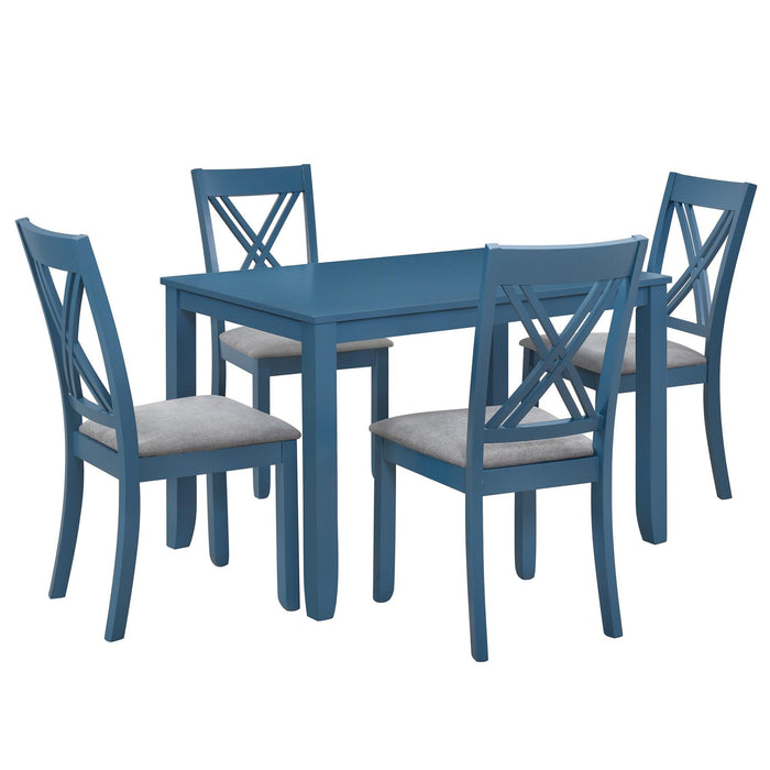 Rustic Minimalist Wood 5-Piece Dining Table Set with 4 X-Back Chairs for Small Places, Blue