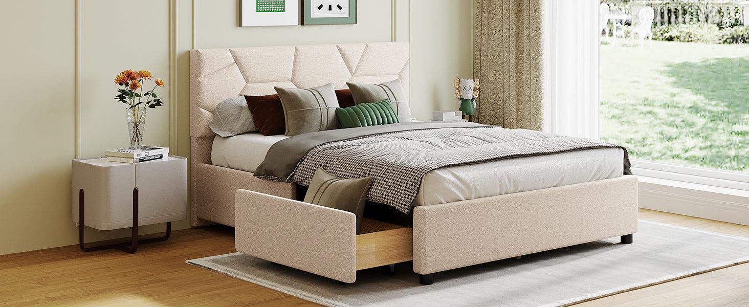 Full Size Upholstered Platform Bed with Brick Pattern Heardboard and 4 Drawers, Linen Fabric, Beige