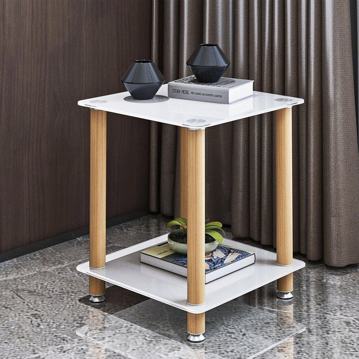 2-Piece White+Oak Side Table , 2-Tier Space End Table ,Modern Night Stand, Sofa table, Side Table withStorage Shelve