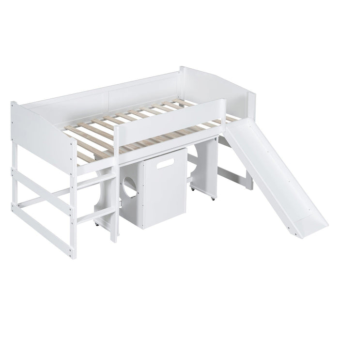 Low Study Twin Loft Bed with Rolling Portable Desk and Chair,Multiple Functions Bed- White