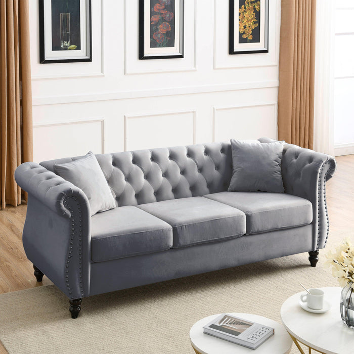 80" Chesterfield Sofa Grey Velvet for Living Room, 3 Seater Sofa Tufted Couch with Rolled Arms and Nailhead for Living Room, Bedroom, Office, Apartment, two pillows