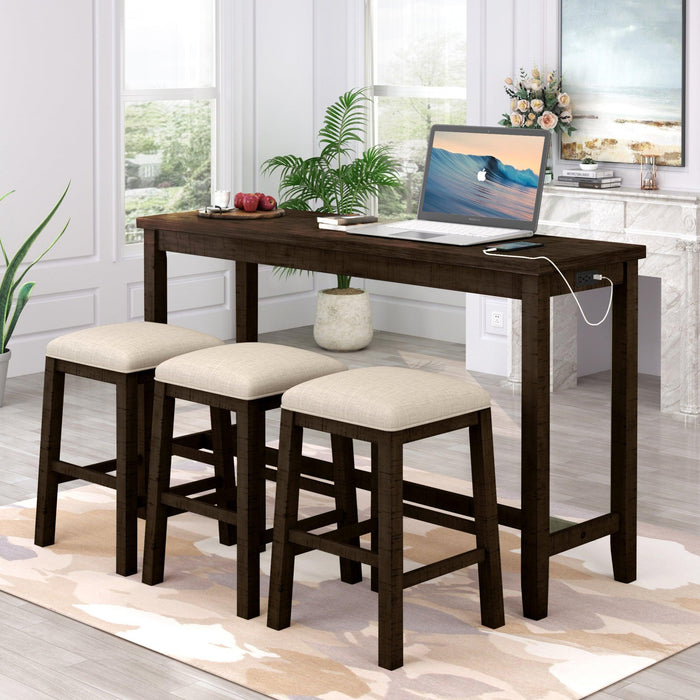 4 Pieces Counter Height Table with Fabric Padded Stools, Rustic Bar Dining Set with Socket, Brown