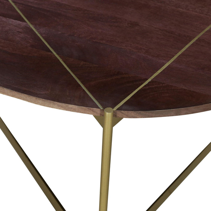Ellis 32 Inch Round Wood Coffee Table with Brass Metal Base, Brown, Matte Gold
