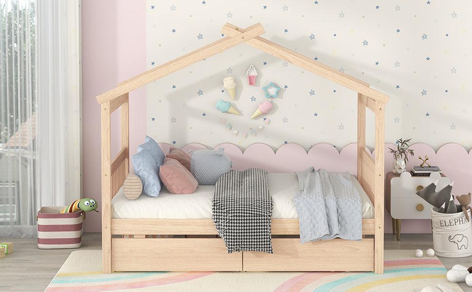 Full Size Wooden House Bed with Drawers, Natural