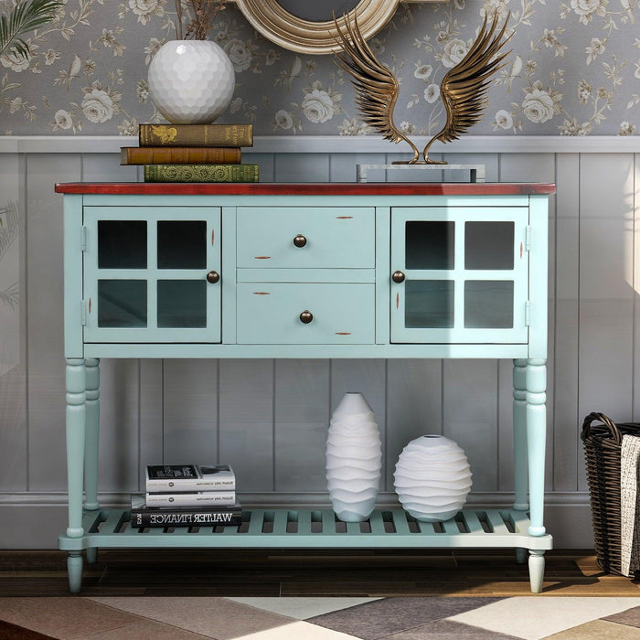 Sideboard Console Table with Bottom Shelf, Farmhouse Wood/Glass BuffetStorage Cabinet Living Room (Retro Blue)