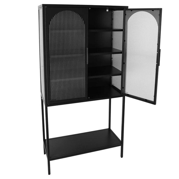 Stylish Tempered Glass TallStorage Cabinet with 2 Arched Doors Adjustable Shelves and open bottom shelf ,Feet Anti-Tip Dust-free Fluted Glass Kitchen Credenza Black Color