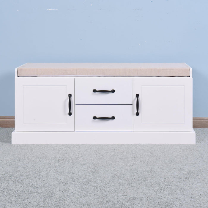 Wooden EntrywayShoe Cabinet with 2 Drawers and 2 Doors Living RoomStorage Bench with White Cushion