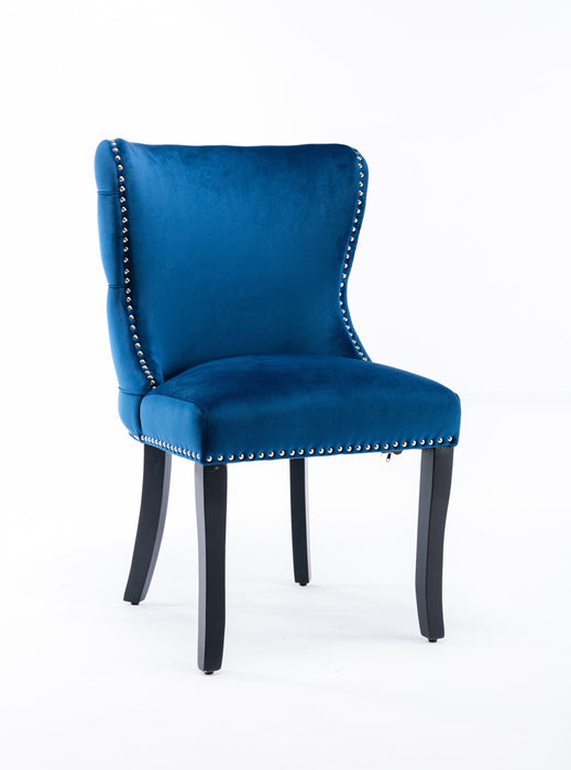 Set of 2 upholstered wing-back dining chair with backstitching nailhead trim and solid wood legs Blue