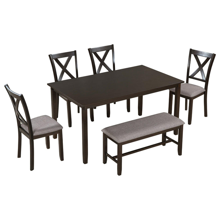 6-Piece Kitchen Dining Table Set Wooden Rectangular Dining Table, 4 Fabric Chairs and Bench Family Furniture (Espresso)