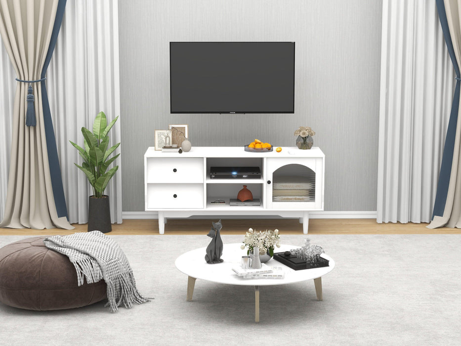 Living Room White TV Stand with Drawers and Open Shelves, A Cabinet with Glass Doors forStorage