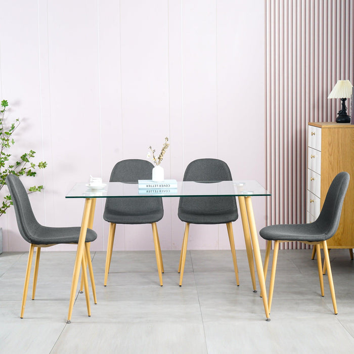 Dining Table SetModern 5 Pieces Dining Room Set Mid Century Tempered Glass Kitchen Table and 4 Deep GreyModern Fabric Chairs with wood-transfer Metal Legs