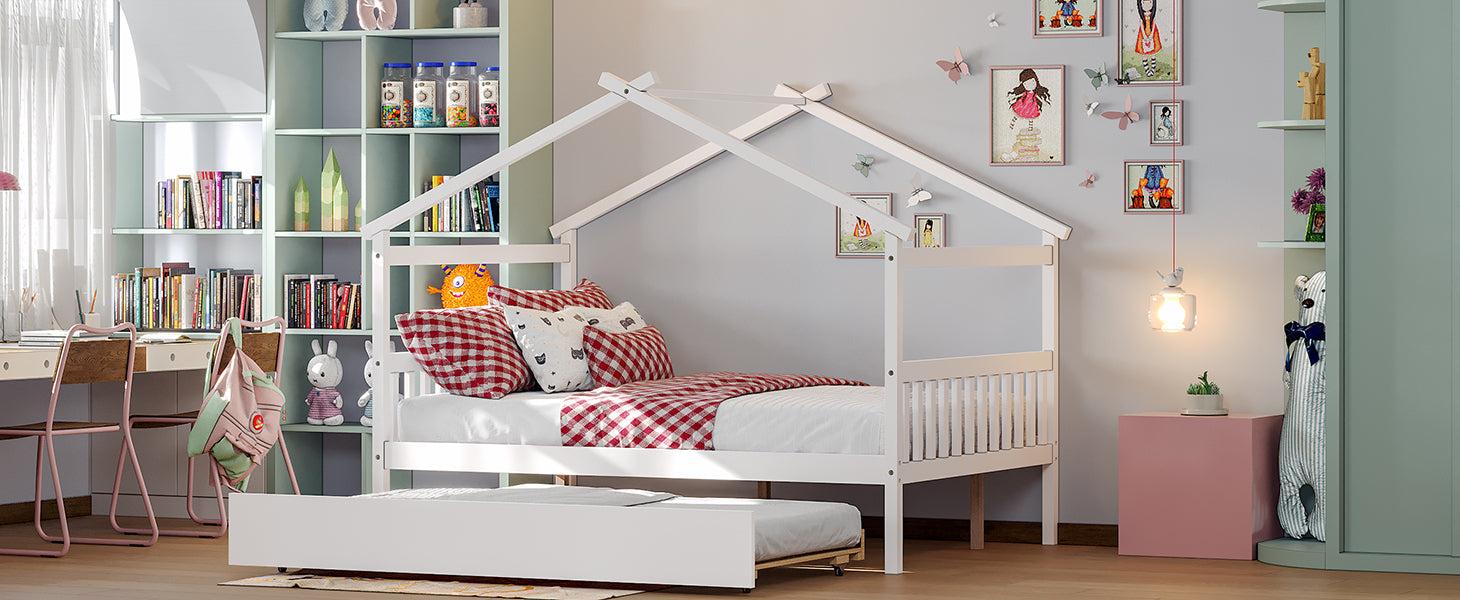 Full Size Wooden House Bed with Twin Size Trundle, White