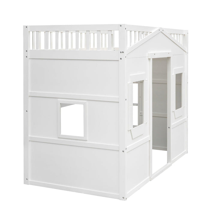 Twin Size House Loft Bed With Ladder-White