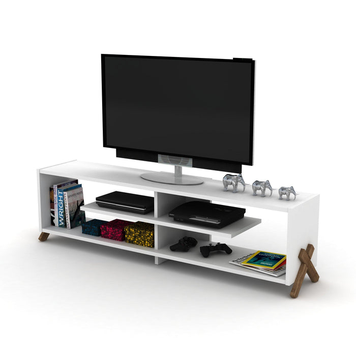 Mid CenturyModern Tv Stand 4 Shelves OpenStorage Wood Legs Entertainment Centre 57 inch Low Tv Unit, Walnut/White