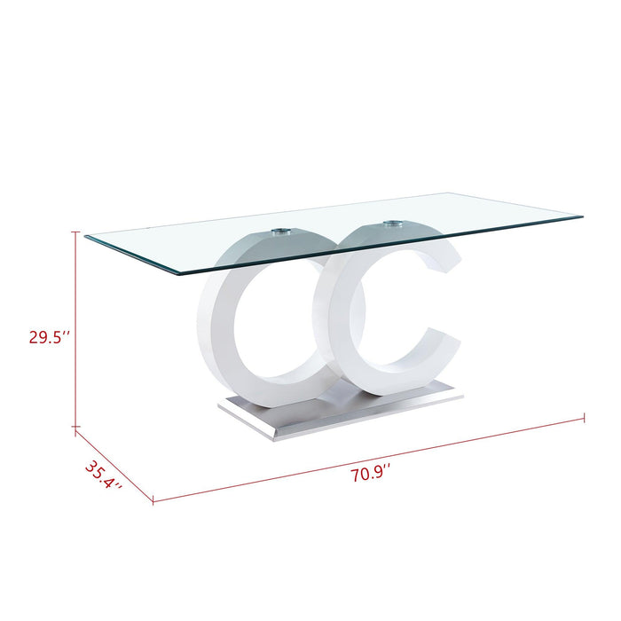 Tempered Glass Dining Table with White MDF Middle Support and Stainless Steel Base forModern Design