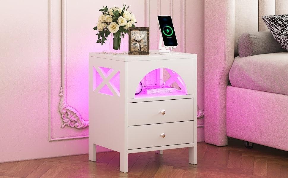 Nightstand with USB Charging Ports and LED Lights,End Table with 2 Drawers and Shelf,White