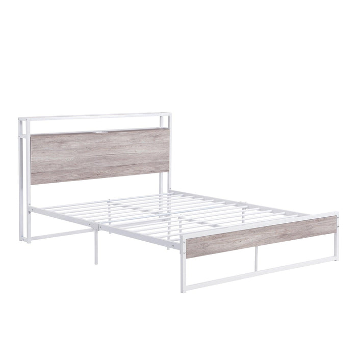 Full Size Metal Platform Bed Frame with Sockets, USB Ports and Slat Support ,No Box Spring Needed White