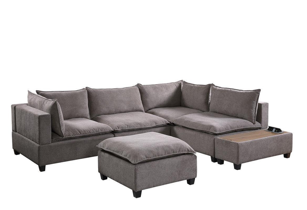 Madison Light Gray Fabric 6 Piece Modular Sectional Sofa with Ottoman and USBStorage Console Table