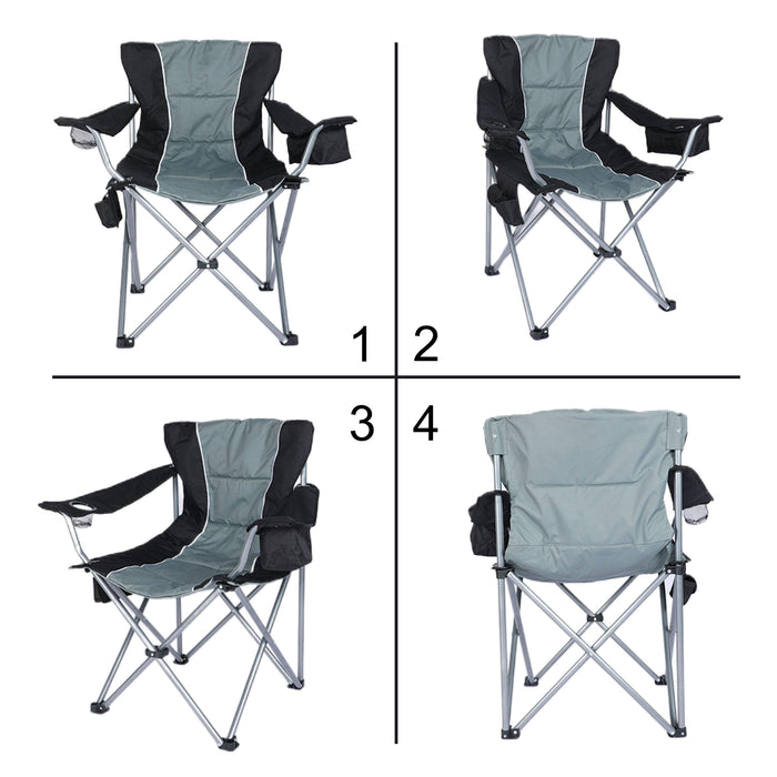Oversized Camping Folding Chair with Cup Holder, Side Cooler Bag, Heavy Duty Steel Frame Fully P Added Quad Armchair for Outdoors, 1-Pack, Grey