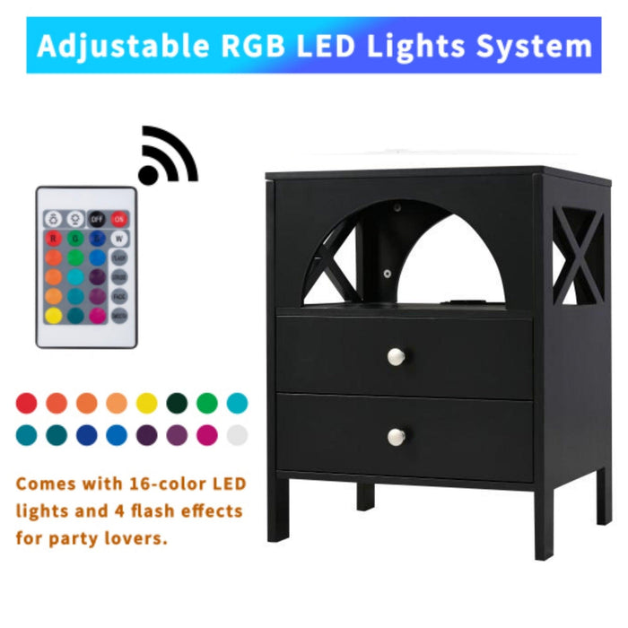 Nightstand with USB Charging Ports and LED Lights,End Table with 2 Drawers and Shelf,Black