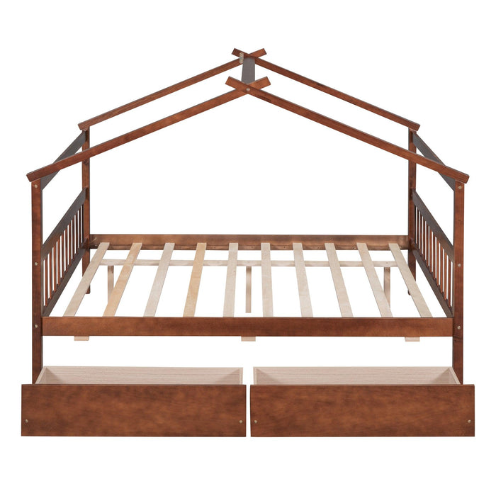 Full Size Wooden House Bed with Drawers, Walnut