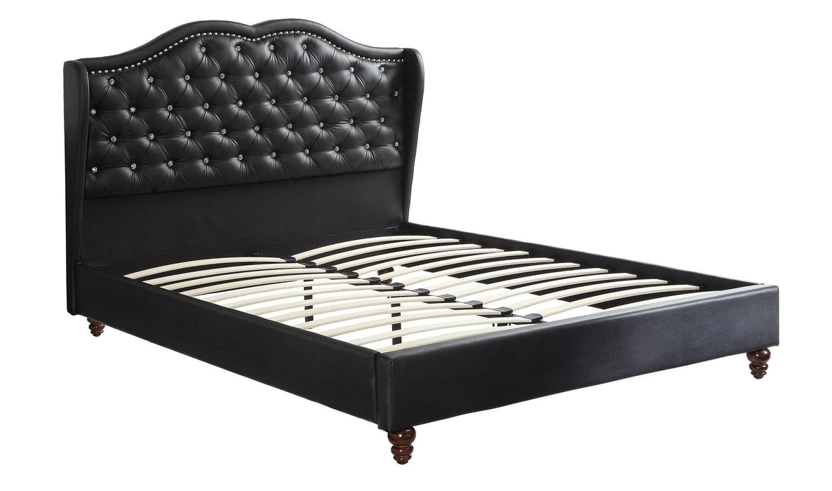 Queen Size Bed 1pc Bed Set Black Faux Leather Upholstered Wingback Design Bed Frame Headboard Bedroom Furniture Tufted Upholstered