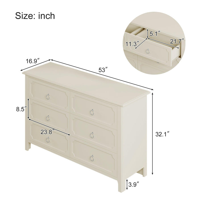 6 Pieces Bedroom Sets Milky White Solid Rubber Wood Queen Size Platform Bed with Nightstand*2, Chest, Mirror and Dresser