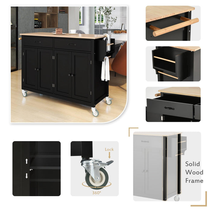 Kitchen Island Cart with Solid Wood Top and Locking Wheels，54.3 Inch Width，4 Door Cabinet and Two Drawers，Spice Rack, Towel Rack （Black）