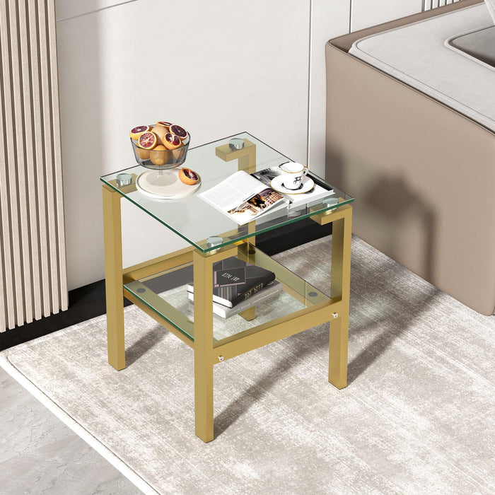 2-Piece Gold+Clear Glass Side & End Table withStorage Shelve, Night Stand/Sofa Table Bedroom Corner Table