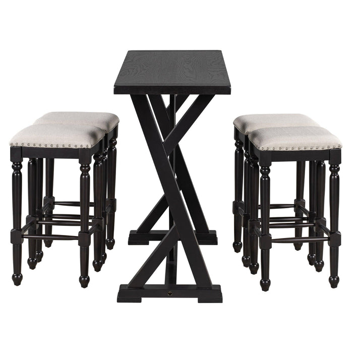 Mid-century Counter Height 5-Piece Dining Set, Wood Console Table with Trestle Legs and 4 Stools for Small Places, Black