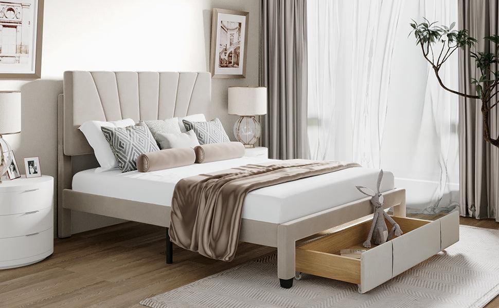 Queen SizeStorage Bed Velvet Upholstered Platform Bed with a Big Drawer - Beige