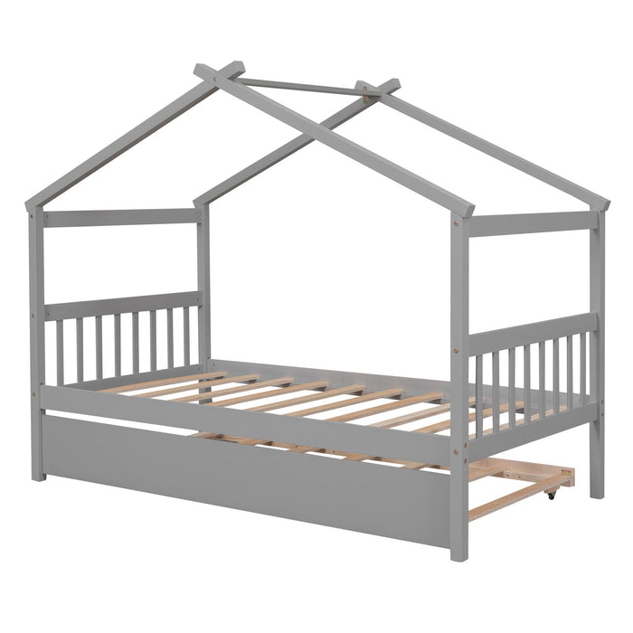 Twin Size Wooden House Bed with Twin Size Trundle, Gray