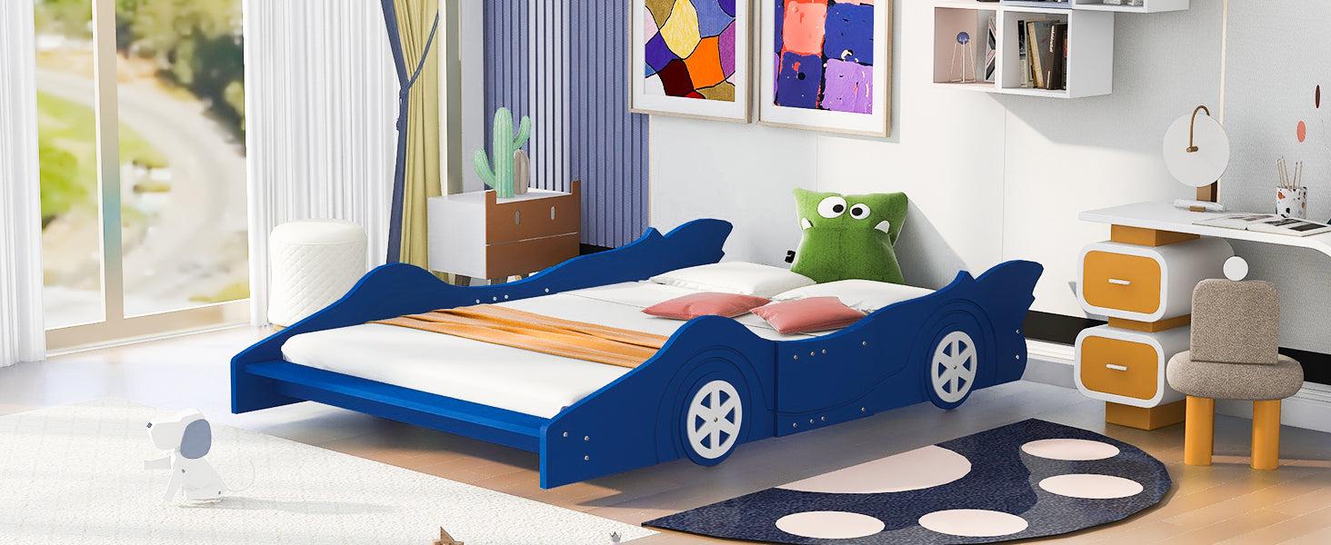 Full Size Race Car-Shaped Platform Bed with Wheels,Blue