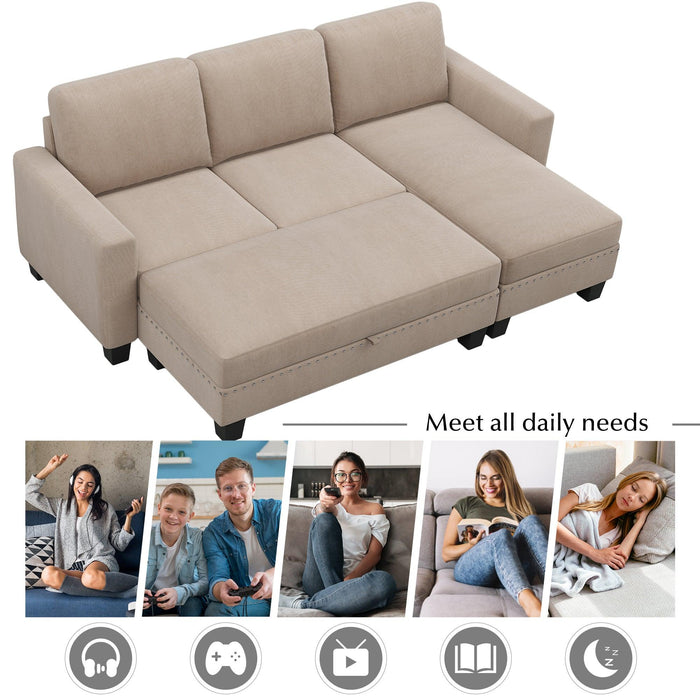 81" Reversible Sectional Couch withStorage Chaise L-Shaped Sofa for Apartment Sectional Set ,Sectional Sofa with Ottoman,Nailhead Textured Linen Fabric 3 pieces Sofa Set,Warm Grey