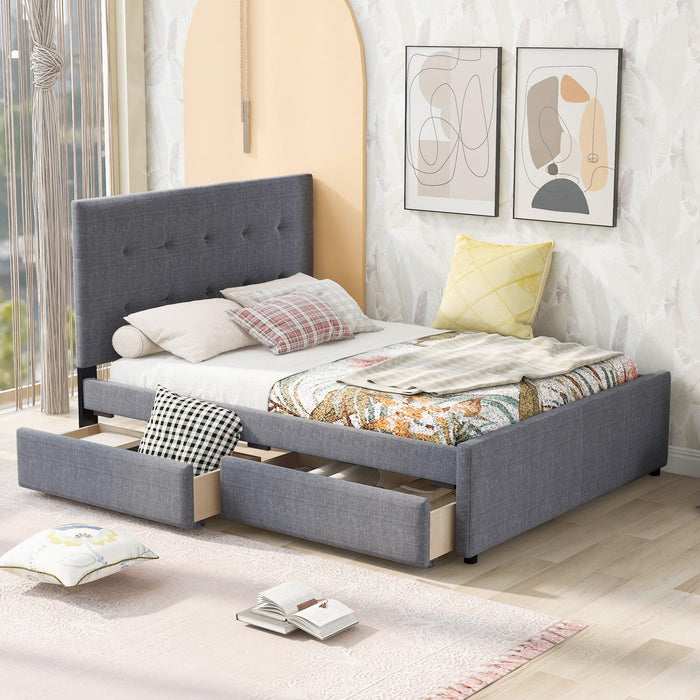 Queen Size Linen Upholstered Platform Bed With Headboard and Two Drawers,Gray