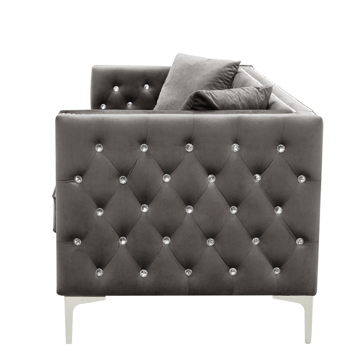 82.3" WidthModern Velvet Sofa Jeweled Buttons Tufted Square Arm Couch Grey,2 Pillows Included