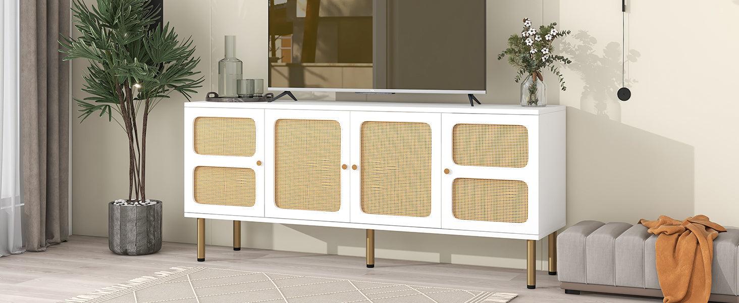 Boho style TV Stand with Rattan Door, Woven Media Console Table for TVs Up to 70”, Country Style Design Side Board with Gold Metal Base for Living Room, White.